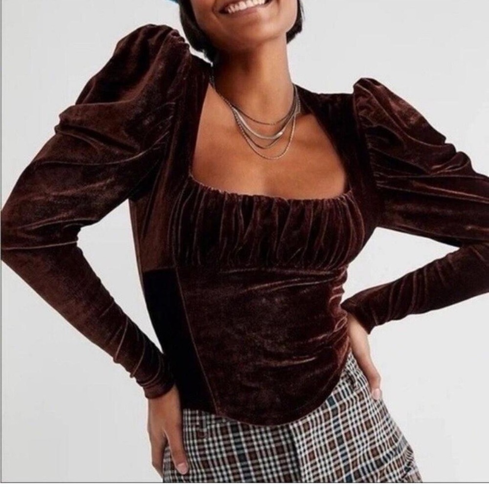 Free‎ People Chocolate Velvet Puff Sleeve Blouse XS